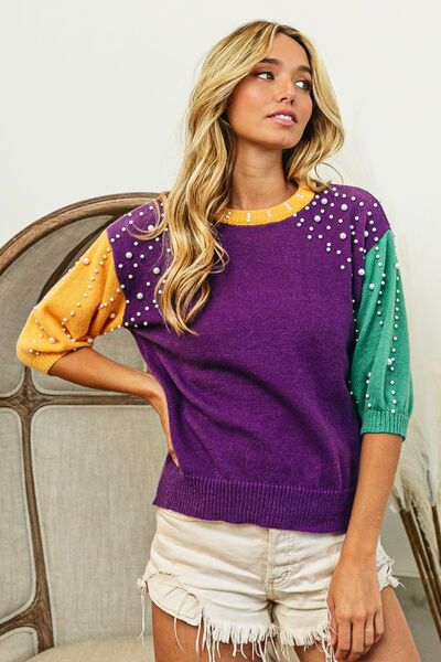 BiBi Color Block Pearl Detail Round Neck Sweater - AllIn Computer