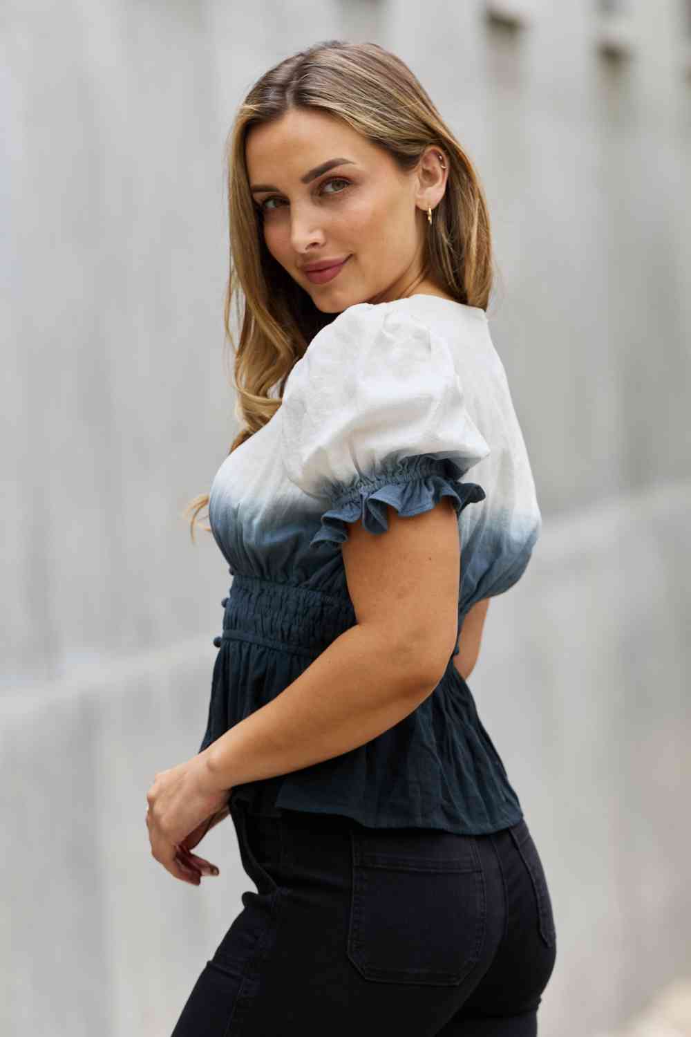 White Birch Full Size Smocked Waist Ombre Woven Top - AllIn Computer