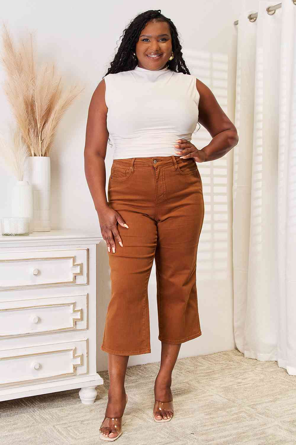 Judy Blue Full Size Tummy Control Garment Dyed Wide Cropped Jeans - AllIn Computer