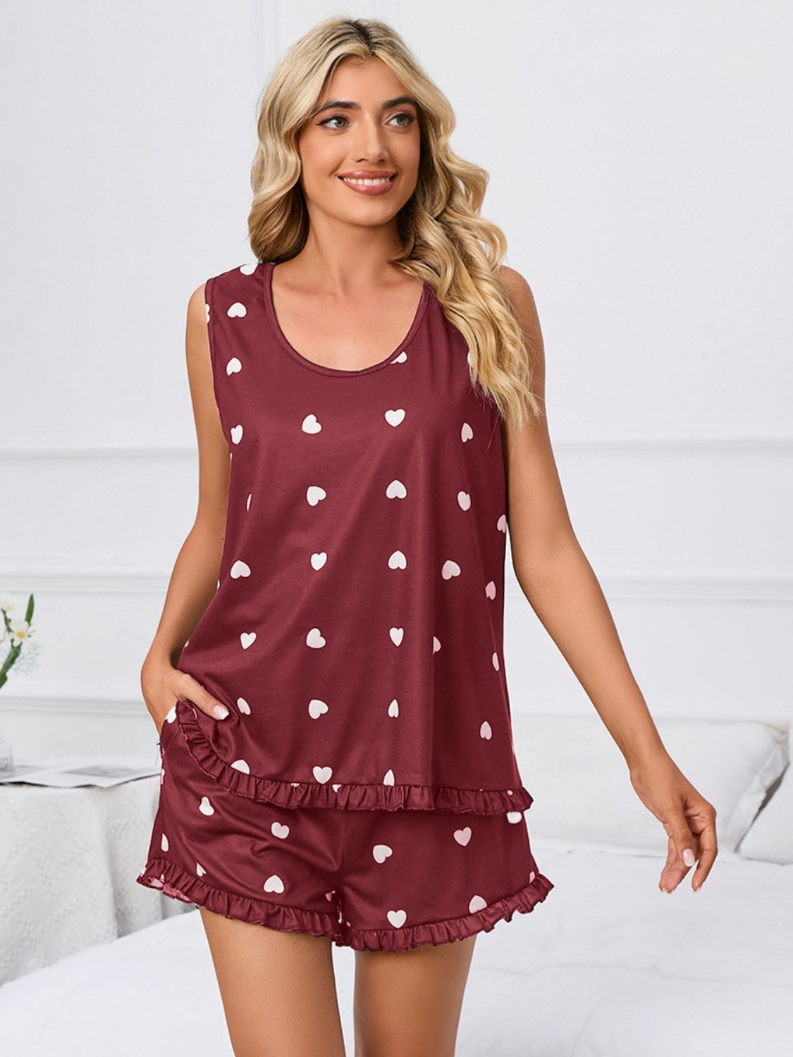 Heart Scoop Neck Tank and Shorts Lounge Set - AllIn Computer