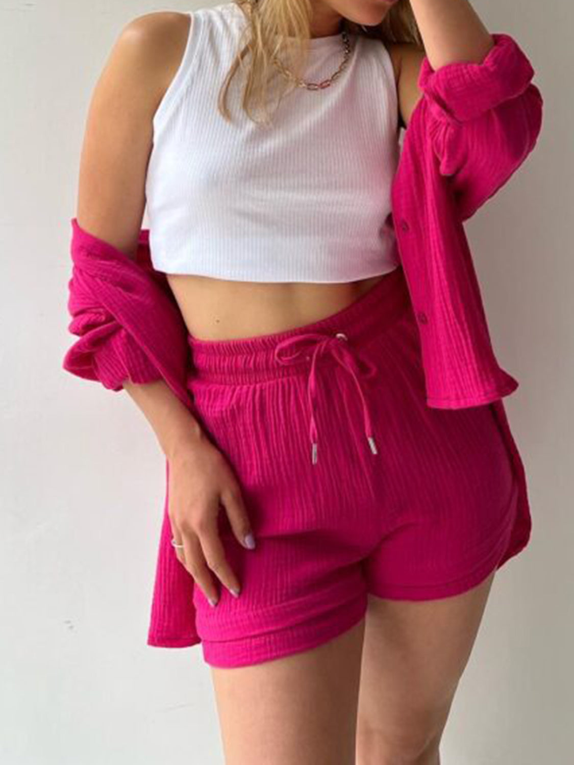 Texture Button Up Shirt and Drawstring Shorts Set - AllIn Computer