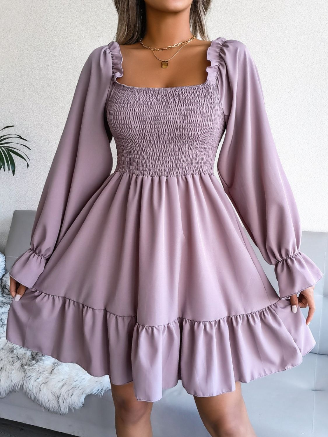 Smocked Flounce Sleeve Square Neck Dress - AllIn Computer