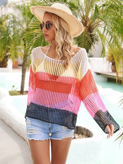 Color Block Openwork Boat Neck Cover Up - AllIn Computer