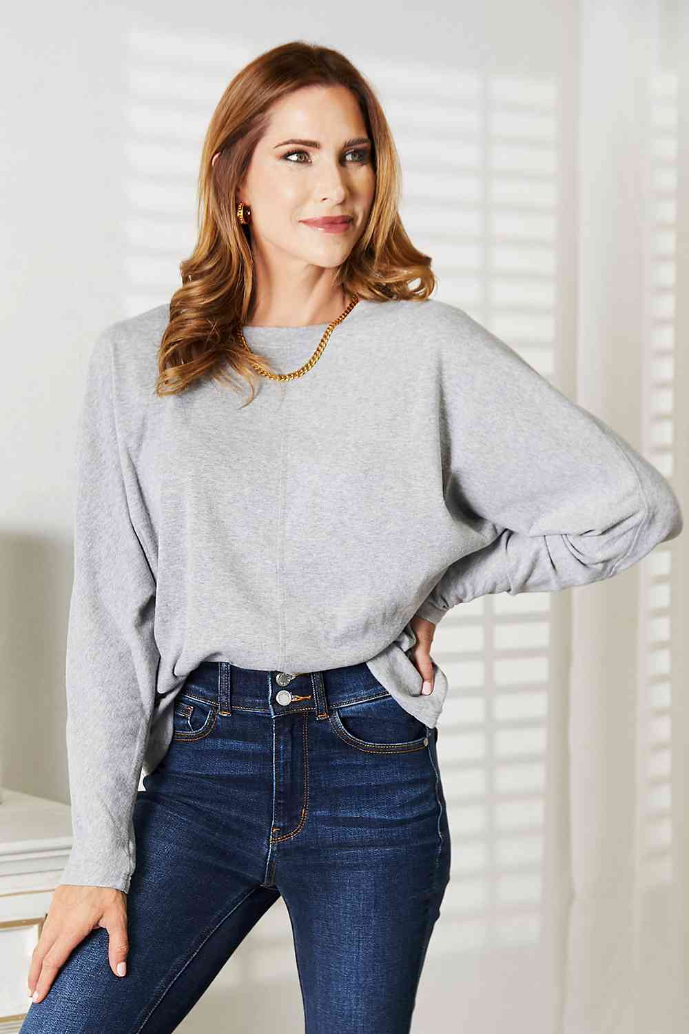 Double Take Seam Detail Round Neck Long Sleeve Top - AllIn Computer