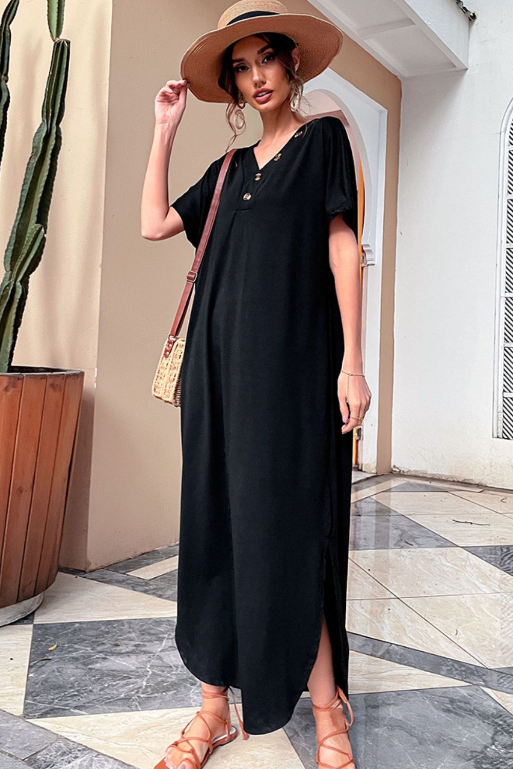 Decorative Button V-Neck Slit Maxi Dress - AllIn Computer