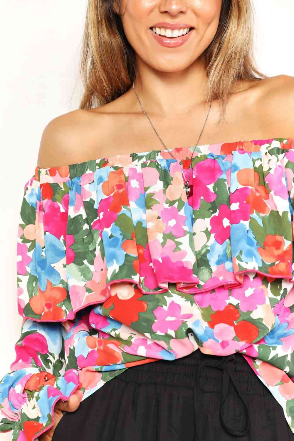 Double Take Floral Off-Shoulder Flounce Sleeve Layered Blouse - AllIn Computer