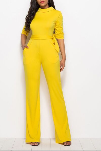 Mock Neck Tie-Waist Half Sleeve Jumpsuit - AllIn Computer