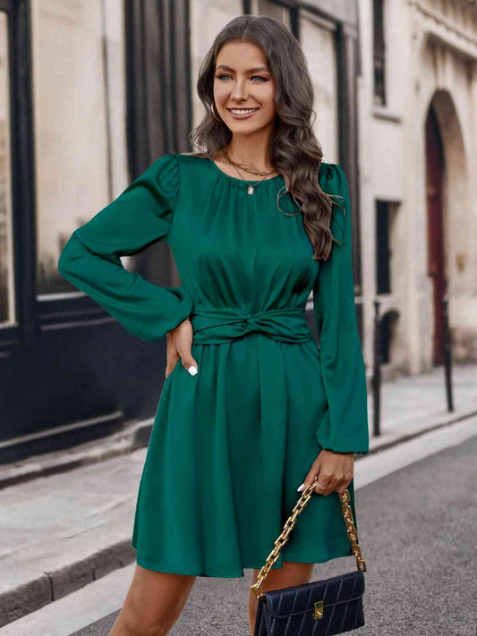 Twisted Round Neck Long Sleeve Dress - AllIn Computer