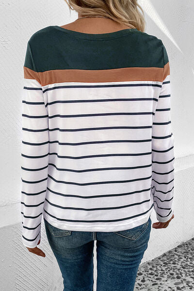 Striped Round Neck Long Sleeve T-Shirt - AllIn Computer