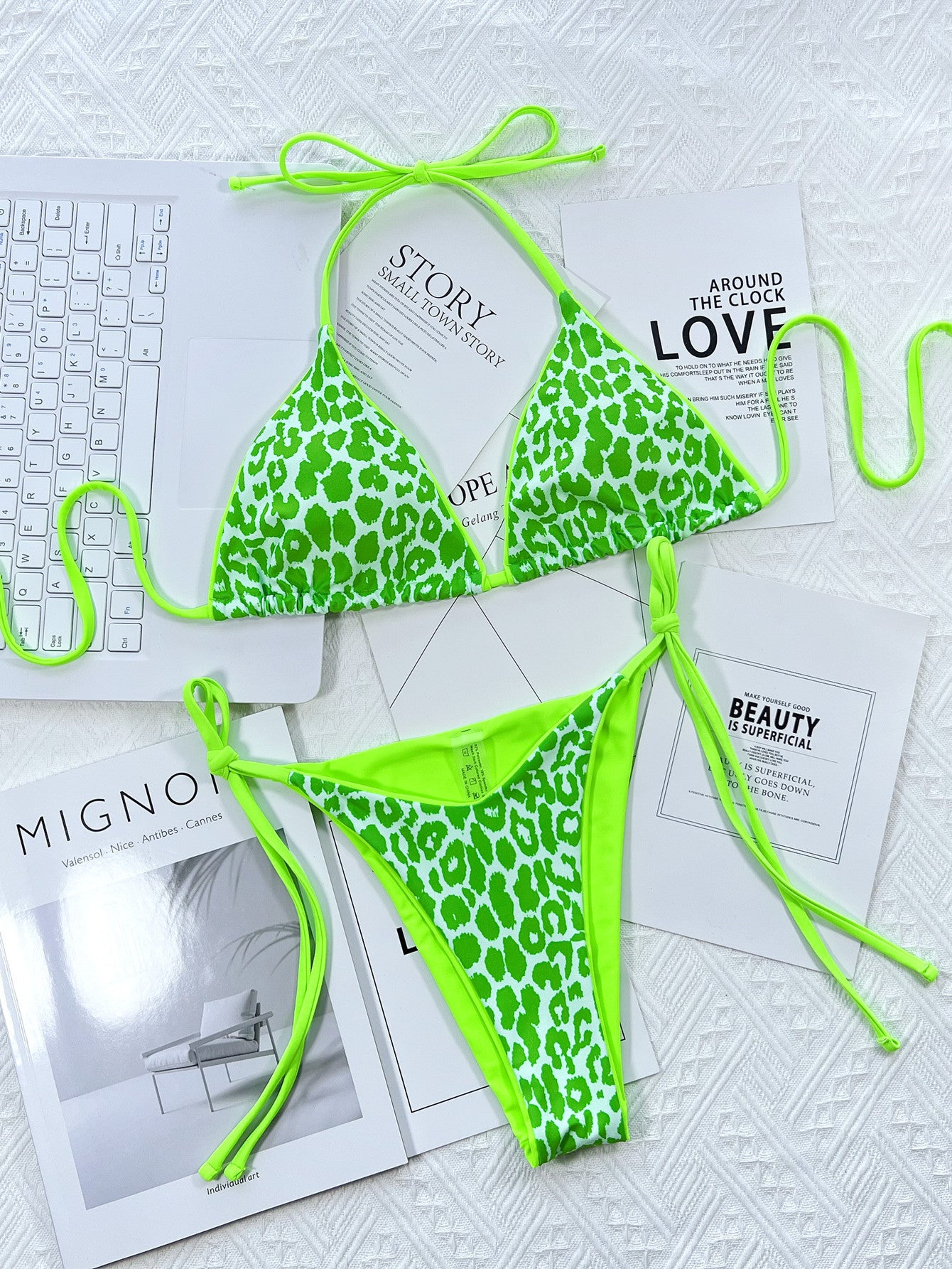 Leopard Print Halter Neck Tie Side Bikini Set - AllIn Computer