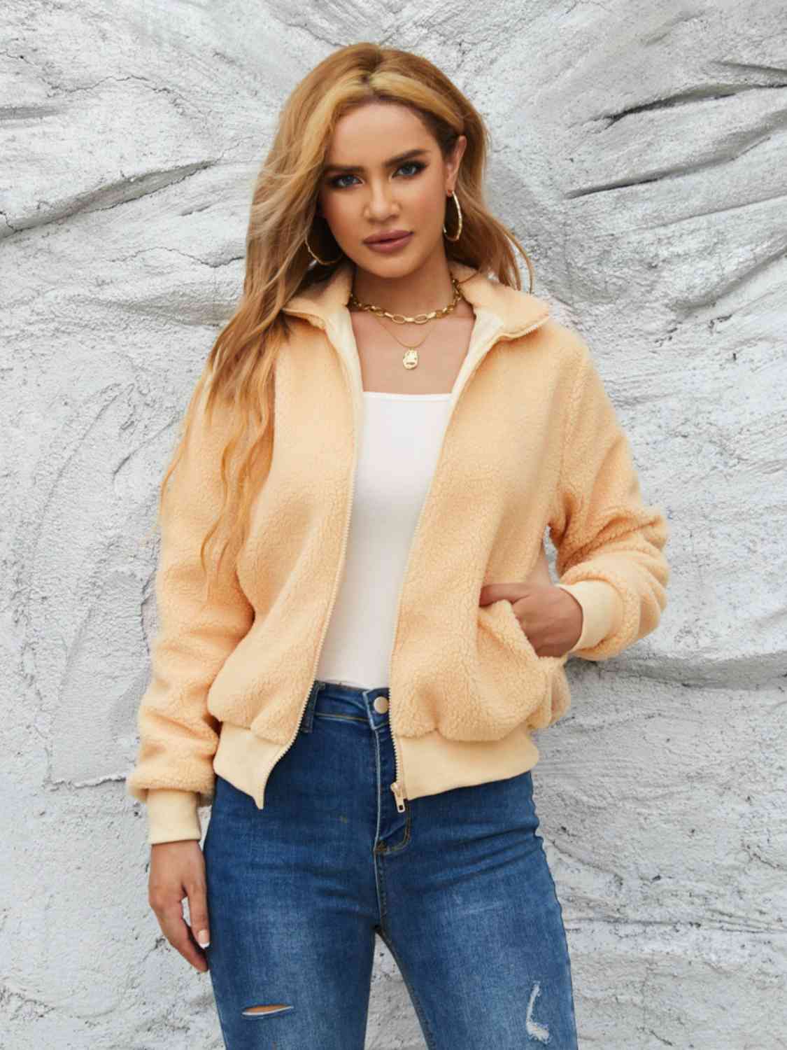 Zip Up Collared Neck Long Sleeve Jacket - AllIn Computer