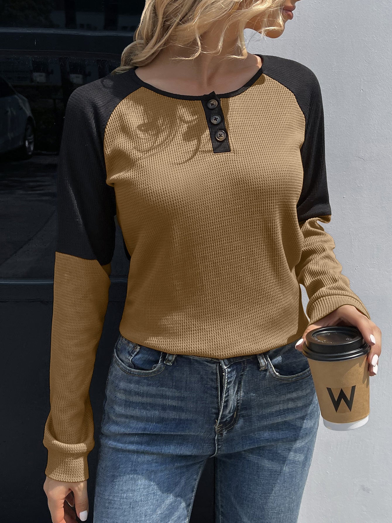 Contrast Buttoned Round Neck Raglan Sleeve Top - AllIn Computer