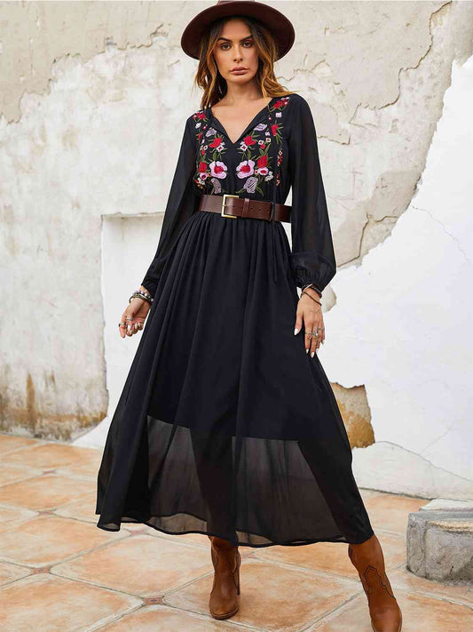 Flower Tie Neck Balloon Sleeve Dress - AllIn Computer