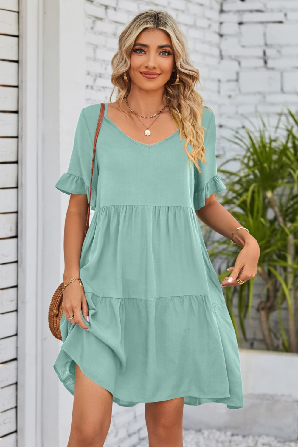 V-Neck Flounce Sleeve Tiered Dress - AllIn Computer