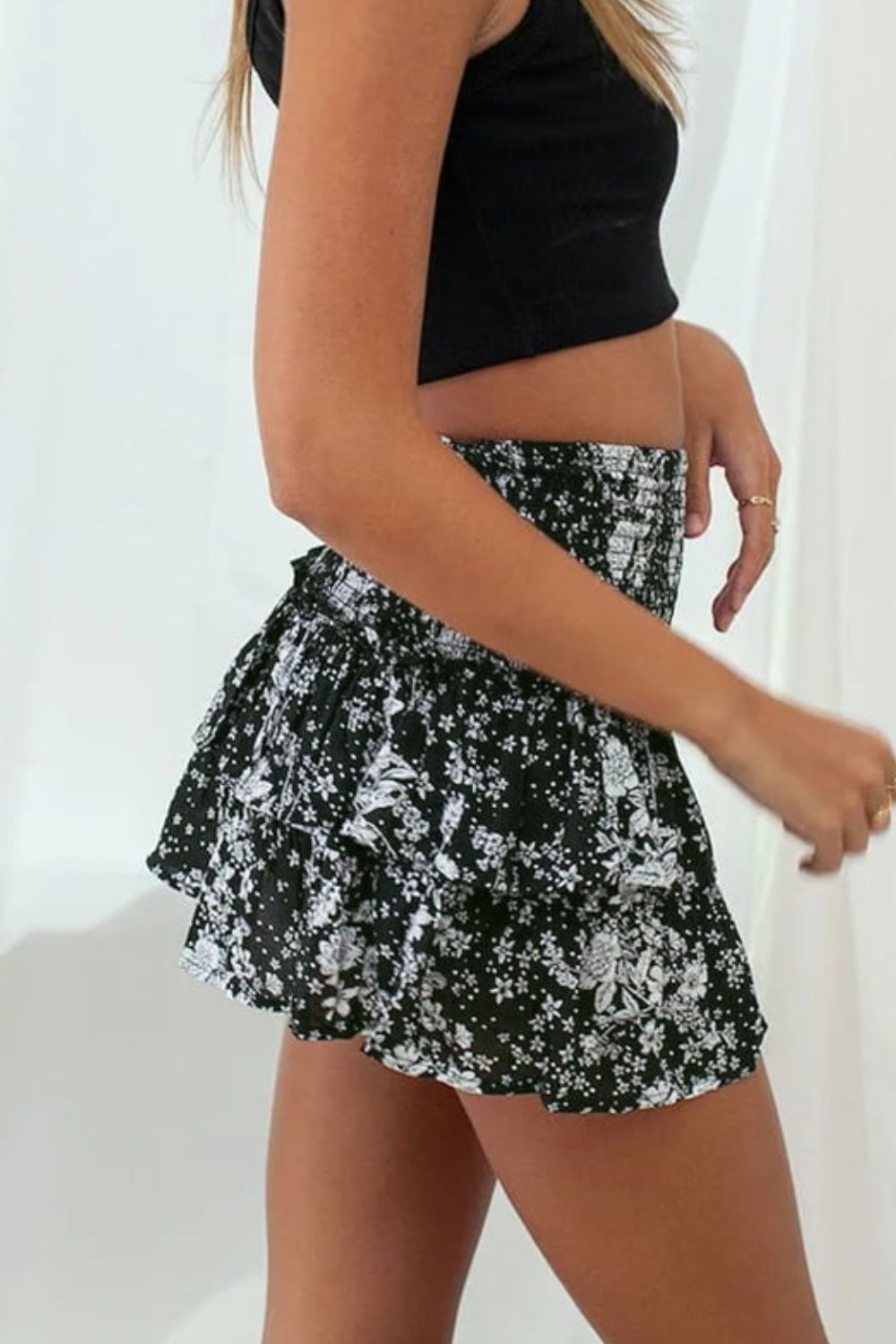 Printed Frill Trim Smocked Mini Skirt - AllIn Computer