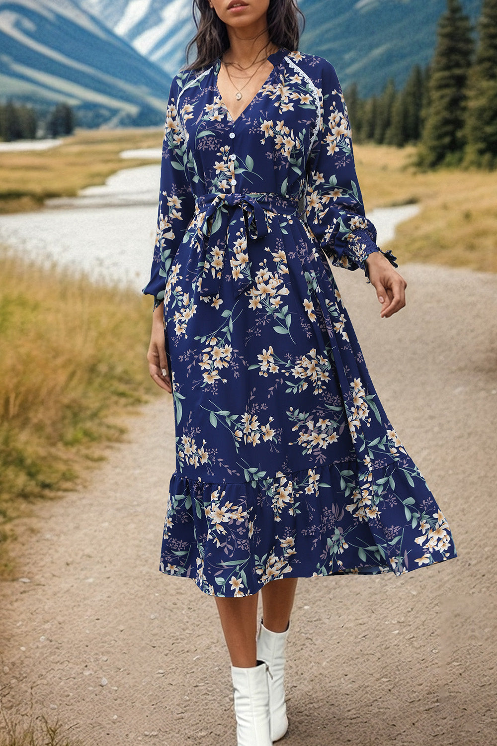 Printed Notched Lantern Sleeve Midi Dress - AllIn Computer