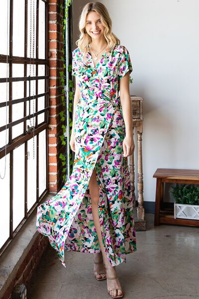 First Love Slit Printed Surplice Tie Waist Short Sleeve Dress - AllIn Computer
