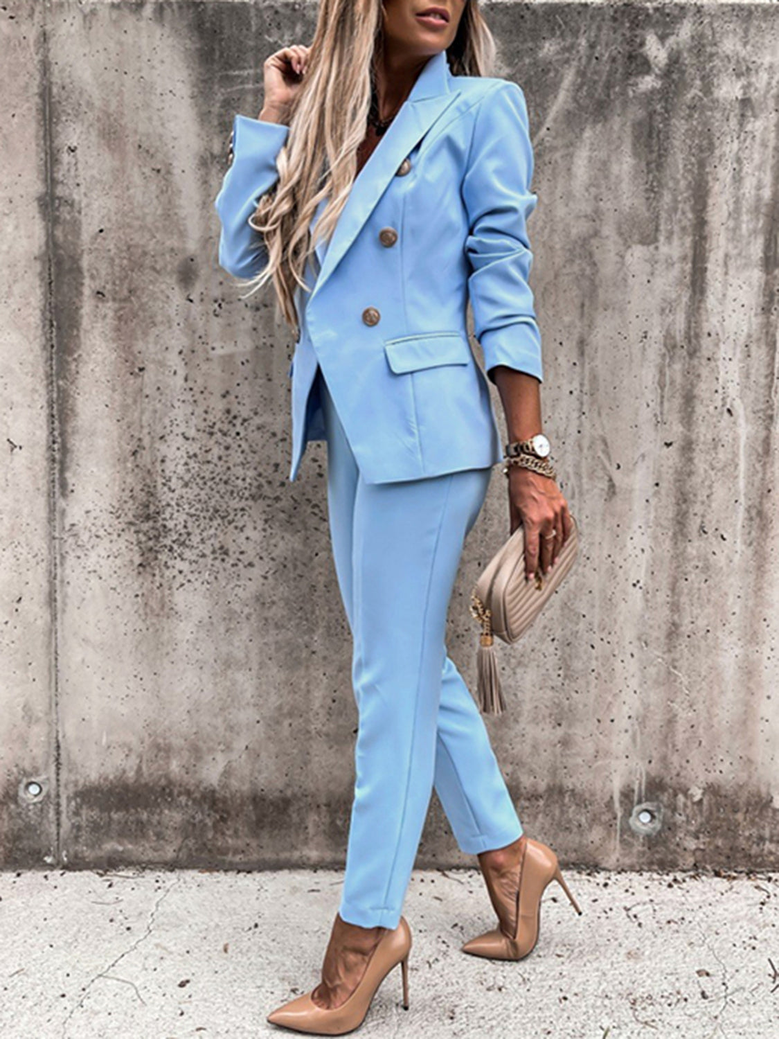 Lapel Collar Long Sleeve Blazer and Pants Set - AllIn Computer