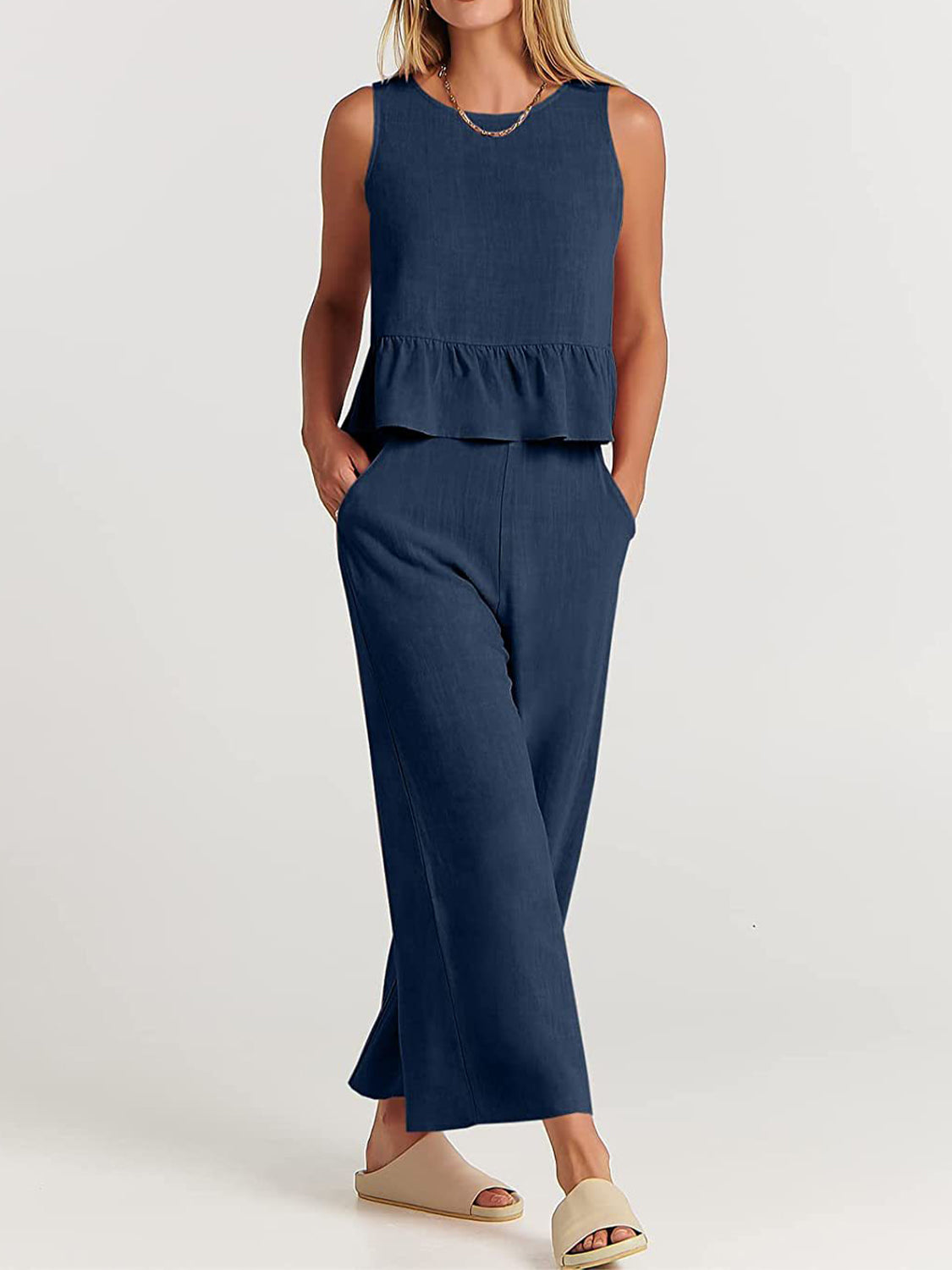 Full Size Round Neck Top and Wide Leg Pants Set - AllIn Computer