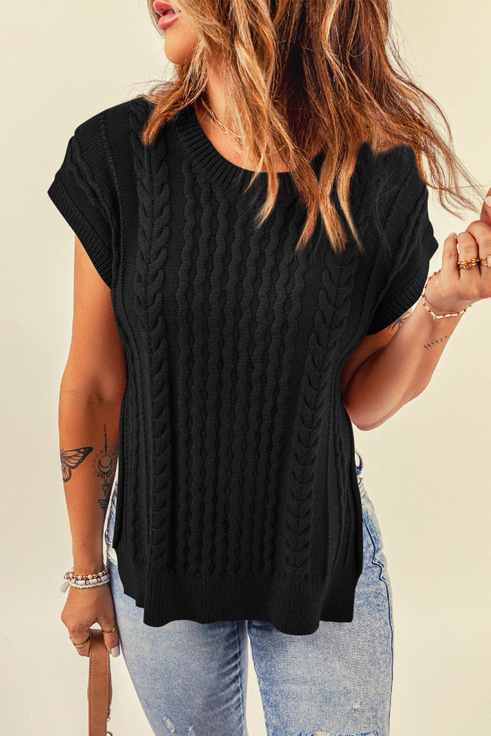 Cable-Knit Side Slit Sweater Vest - AllIn Computer