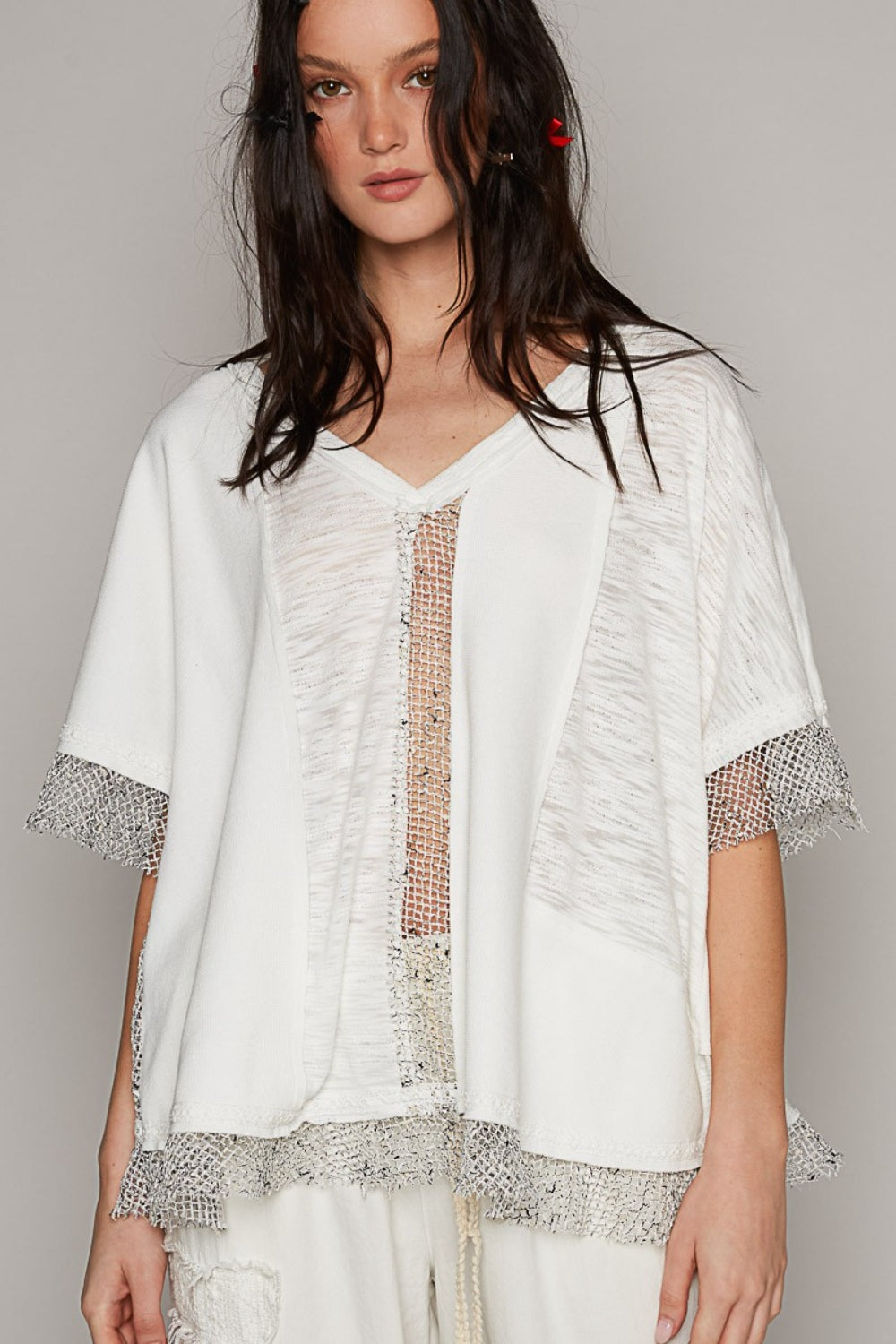 POL Openwork V-Neck Half Sleeve Top - AllIn Computer