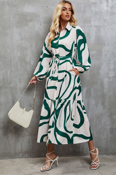 Tie-Waist Printed Button Up Dress - AllIn Computer