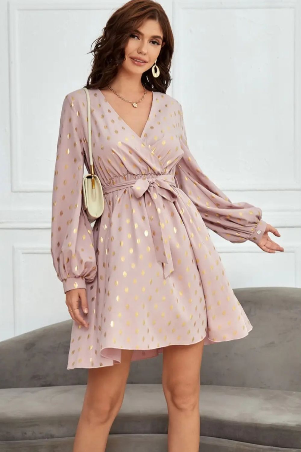Tied Printed Surplice Long Sleeve Dress - AllIn Computer