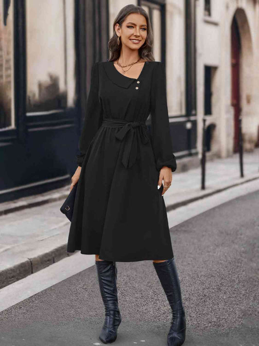 Buttoned Tie Front Long Sleeve Asymmetrical Neck Dress - AllIn Computer