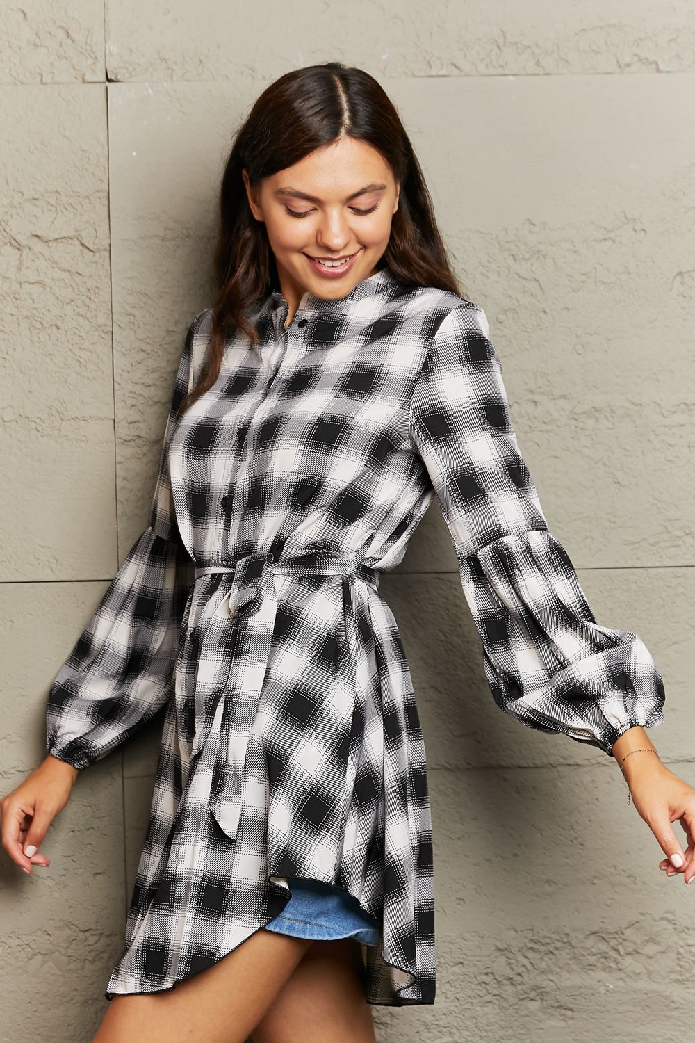 Plaid Tie Waist Lantern Sleeve Mini Dress - AllIn Computer