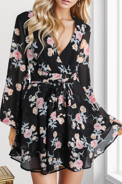 Printed Surplice Balloon Sleeve Mini Dress - AllIn Computer