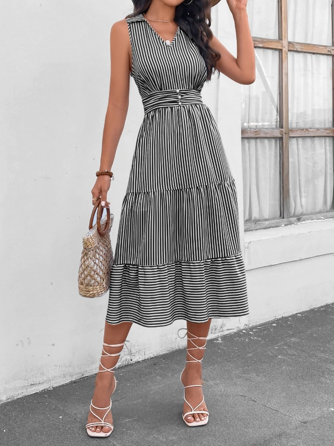 Striped Johnny Collar Sleeveless Midi Dress - AllIn Computer