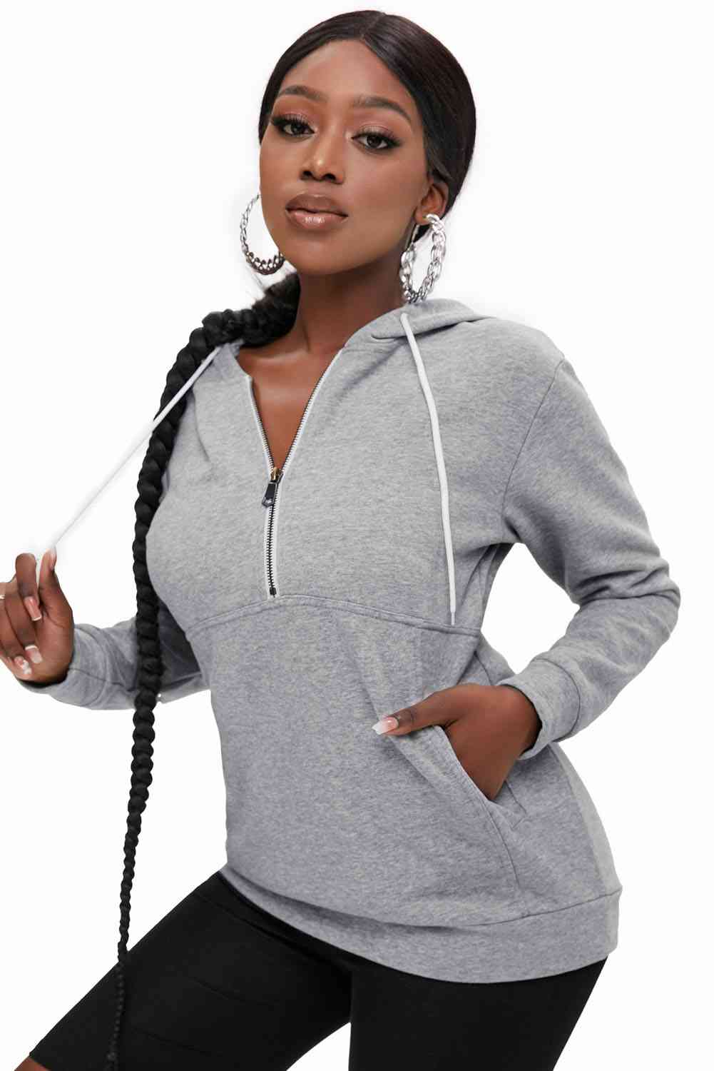 Half-Zip Drawstring Hoodie with Pockets | CLOTHING,SHOES & ACCESSORIES | hoodies, pocketed hoodies, Ship From Overseas, SYNZ | Trendsi