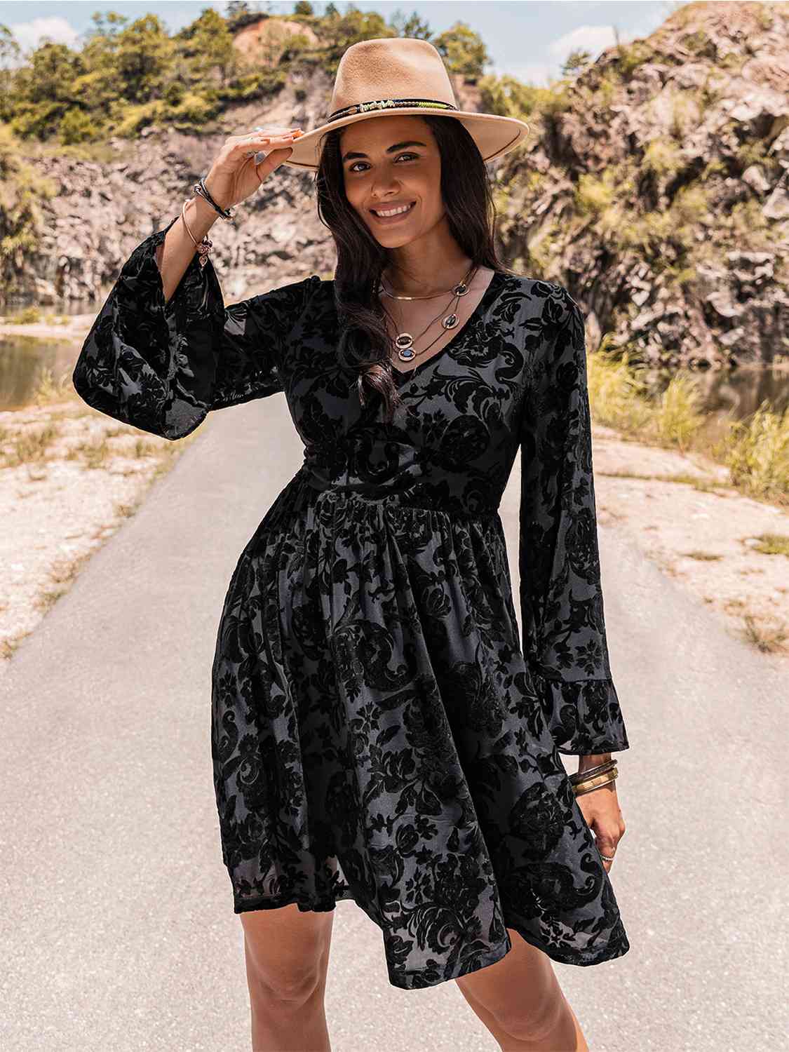 Floral V-Neck Flare Sleeve Mini Dress - AllIn Computer
