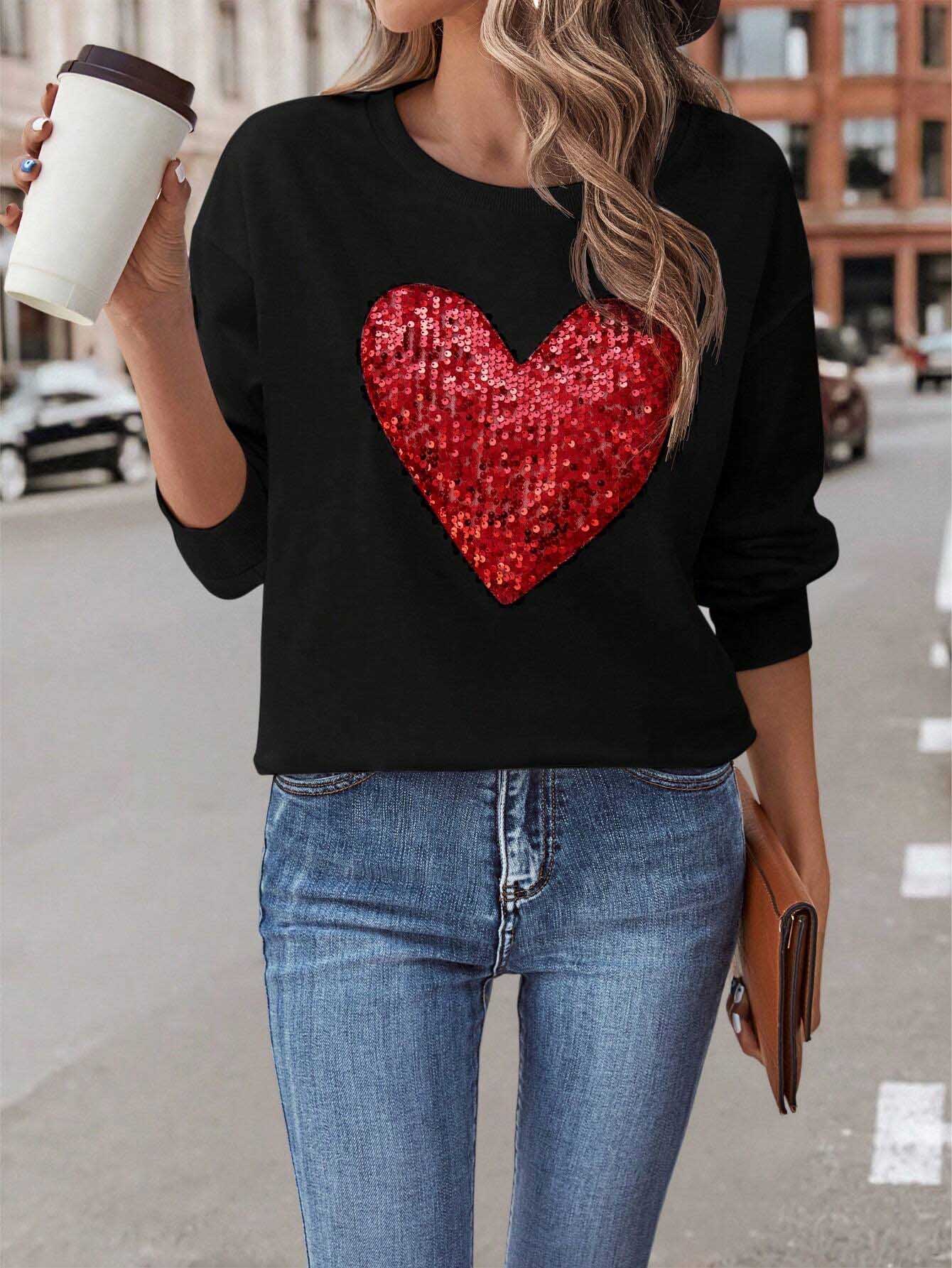 Sequin Heart Dropped Shoulder Sweatshirt - AllIn Computer