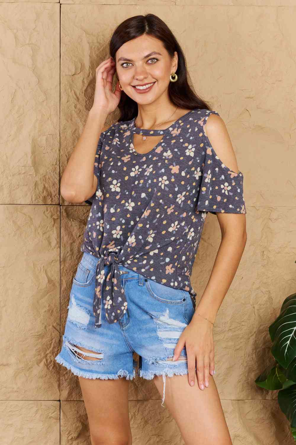 Heimish On My Own Full Size Cold Shoulder Keyhole Floral Print Top - AllIn Computer