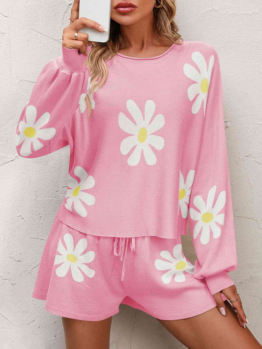 Floral Print Raglan Sleeve Knit Top and Tie Front Sweater Shorts Set - AllIn Computer