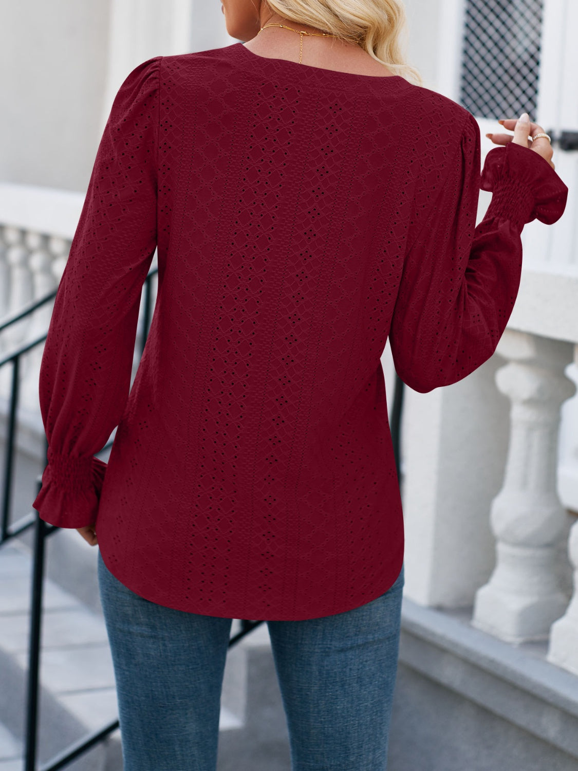 Eyelet Notched Flounce Sleeve Blouse - AllIn Computer