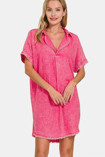 Zenana Washed Linen V-Neck Raw Hem Dress - AllIn Computer