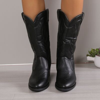 PU Leather Point Toe Block Heel Boots - AllIn Computer