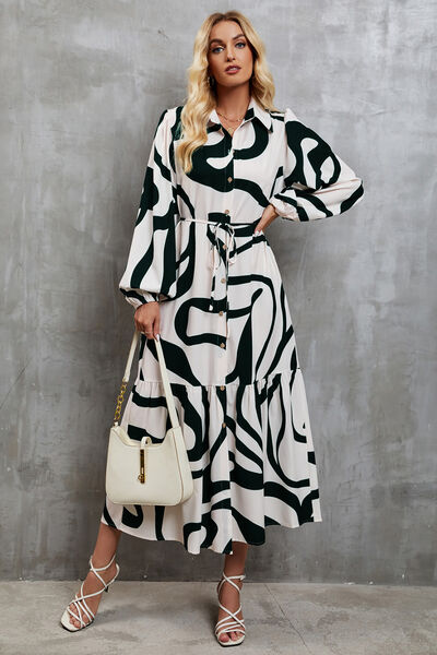 Tie-Waist Printed Button Up Dress - AllIn Computer