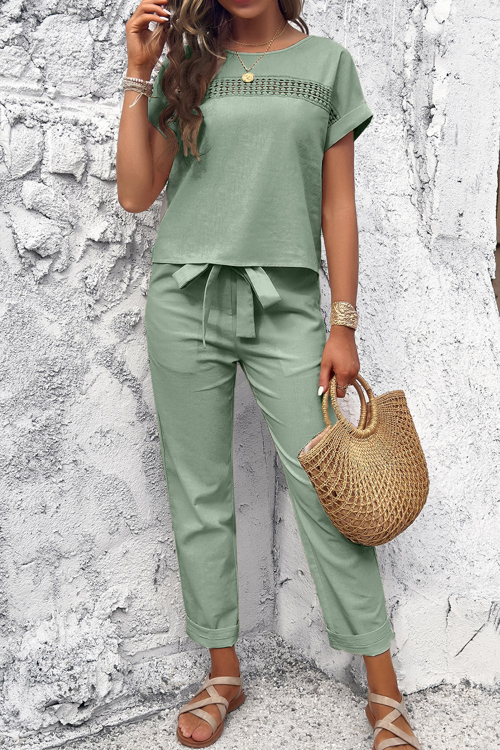 Round Neck Short Sleeve Top and Pants Set - AllIn Computer