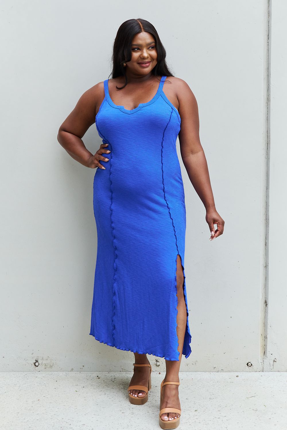 Culture Code Look At Me Full Size Notch Neck Maxi Dress with Slit in Cobalt Blue - AllIn Computer