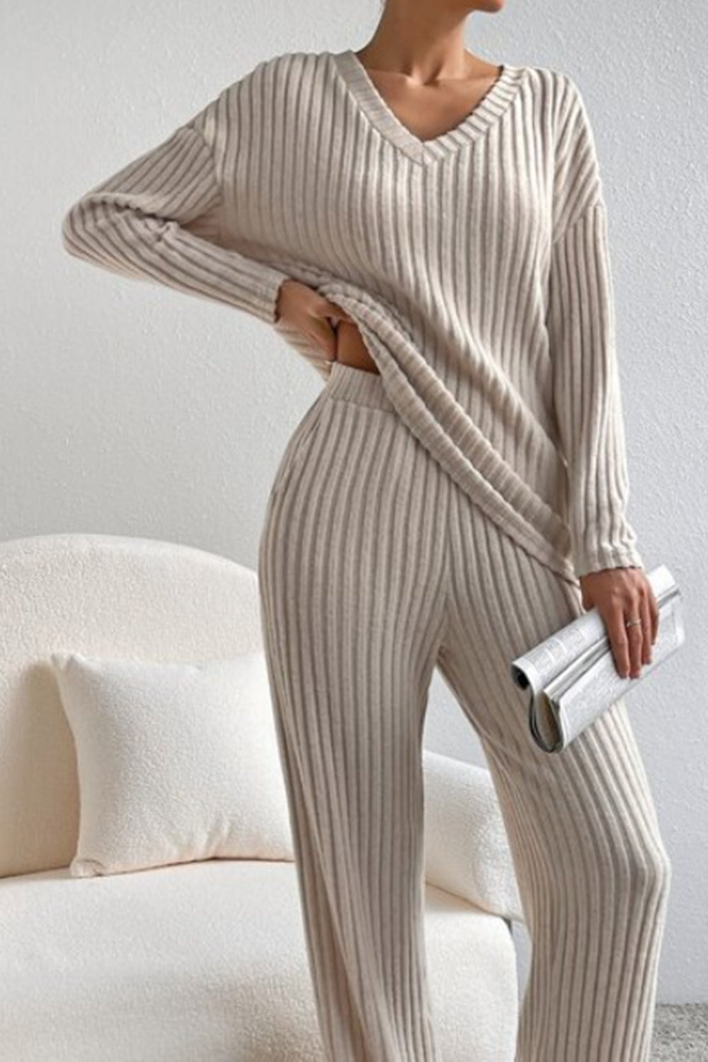 Ribbed V-Neck Top and Pants Set - AllIn Computer