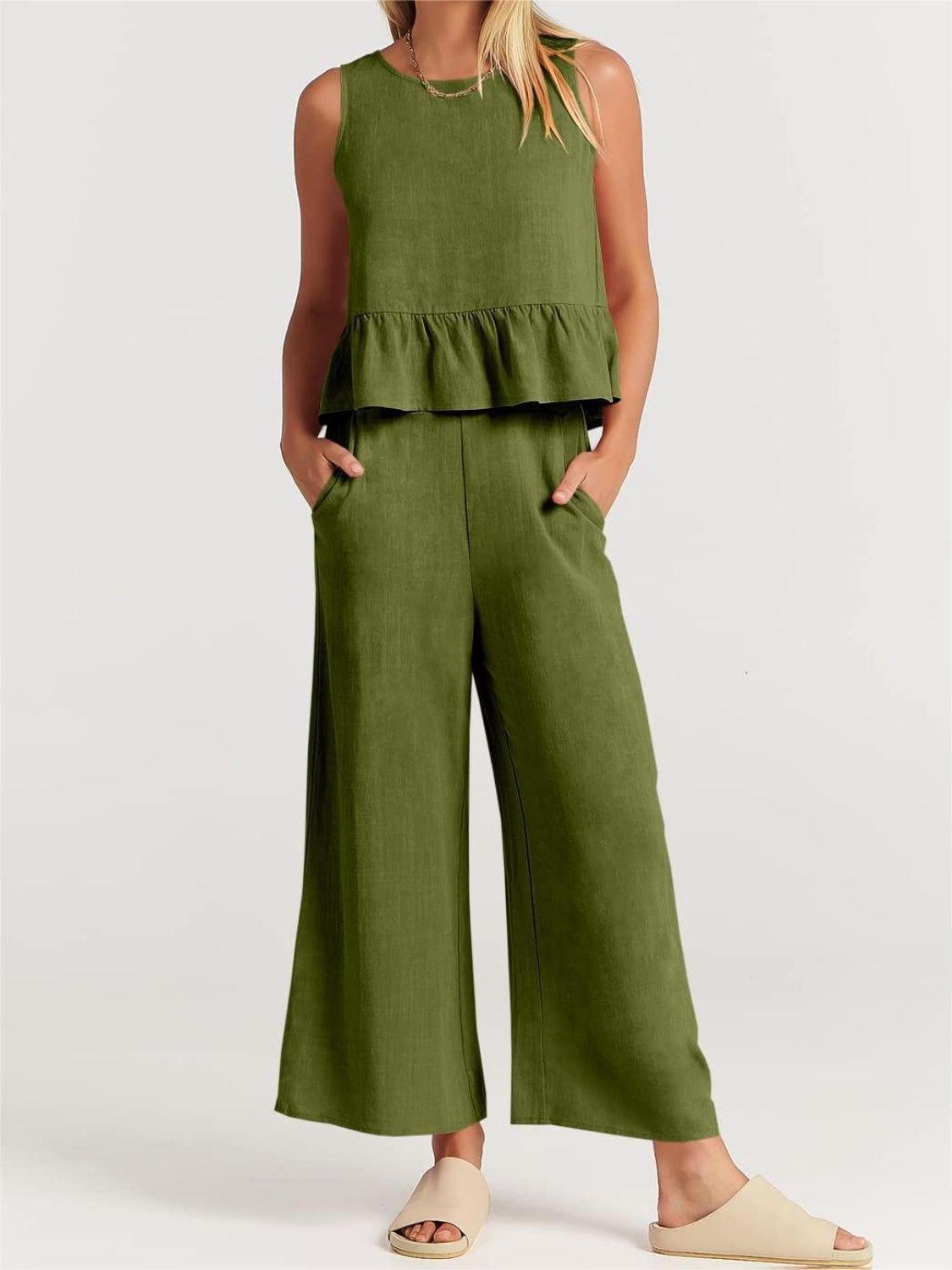 Full Size Round Neck Top and Wide Leg Pants Set - AllIn Computer