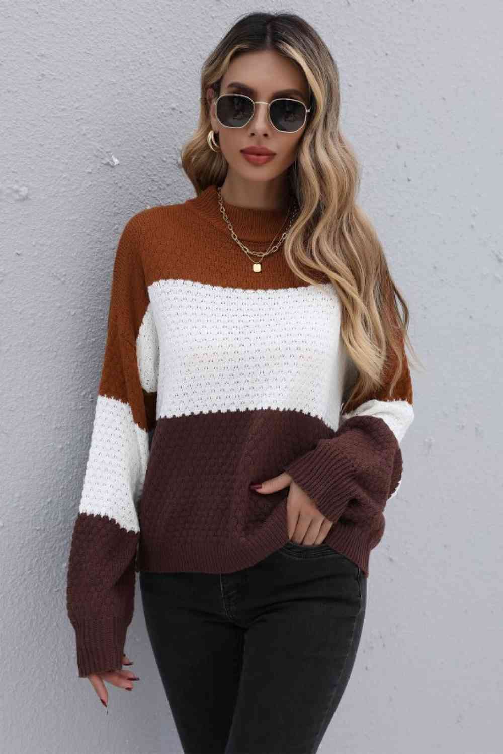 Color Block Long Sleeve Sweater - AllIn Computer