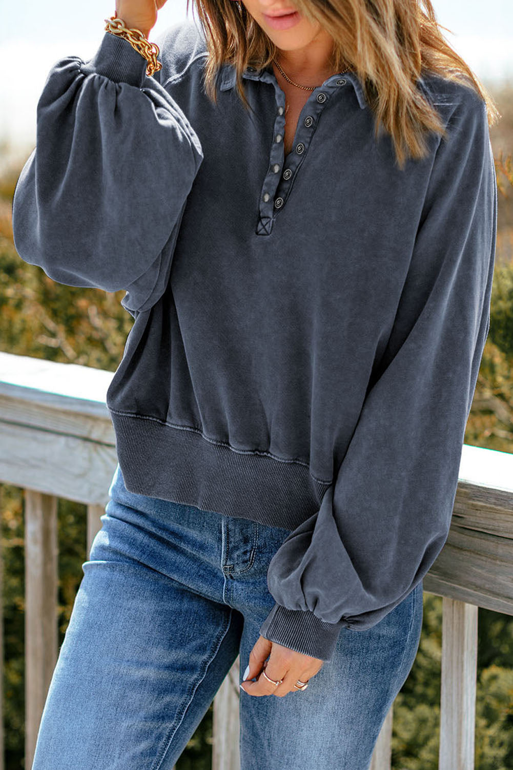 Quarter-Snap Collared Lantern Sleeve Sweatshirt - AllIn Computer