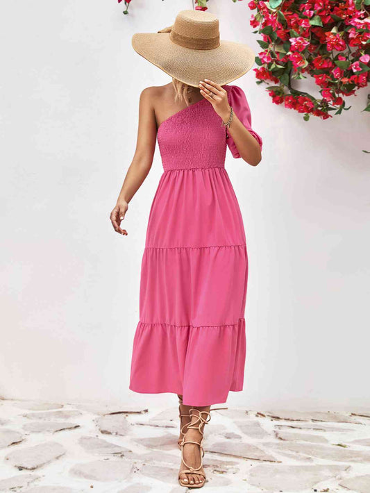 Smocked One-Shoulder Midi Dress - AllIn Computer