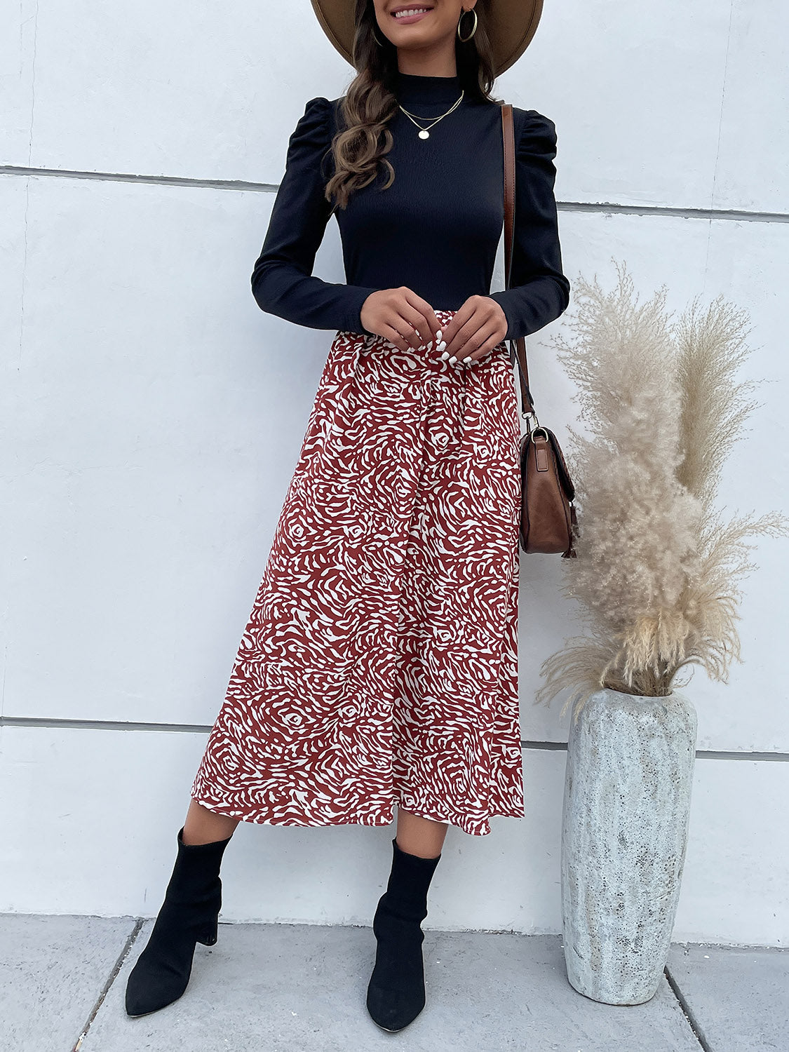 Printed Mock Neck Puff Sleeve Midi Dress - AllIn Computer