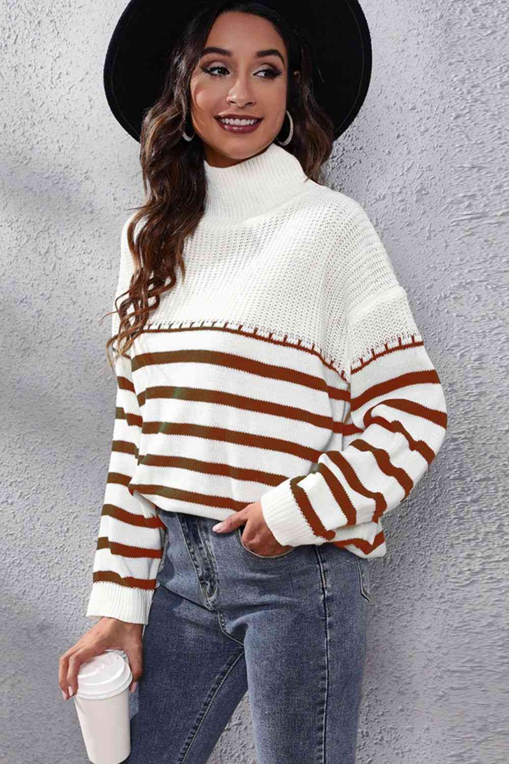 Striped Turtleneck Drop Shoulder Sweater - AllIn Computer