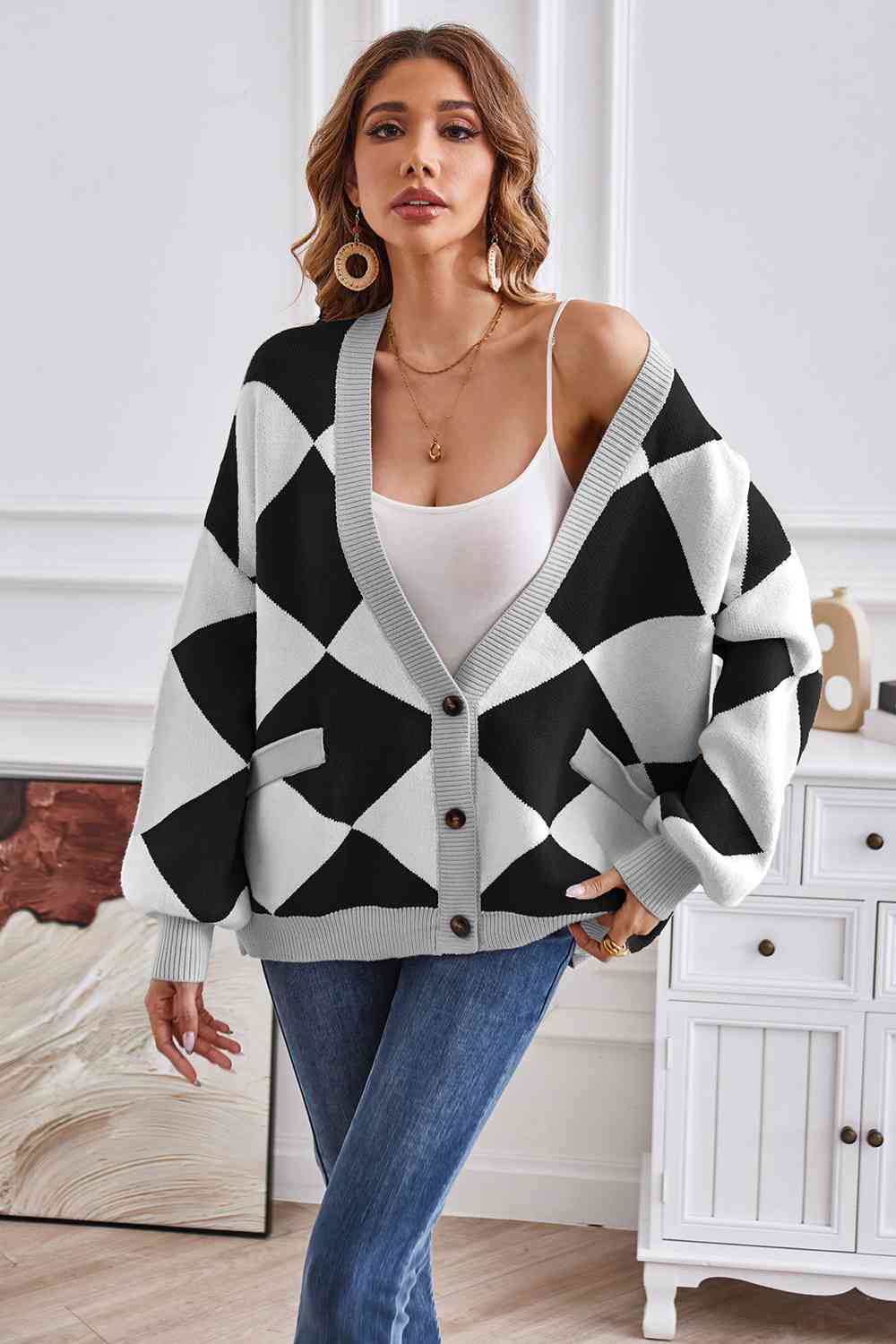 Geometric Lantern Sleeve Cardigan with Pockets - AllIn Computer